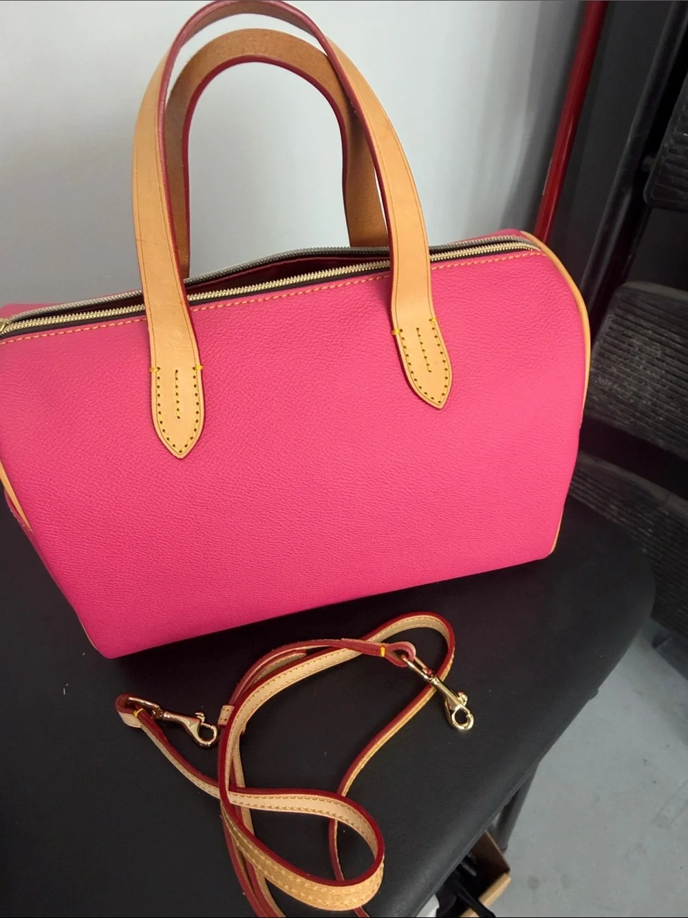 Dooney & Bourke Pink Leather Satchel with Tan Trim